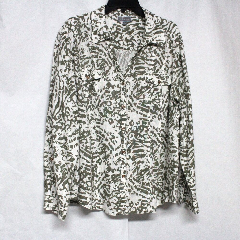 JM Collection Size 18 Green & White Button Down Top With Roll Up Sleeves